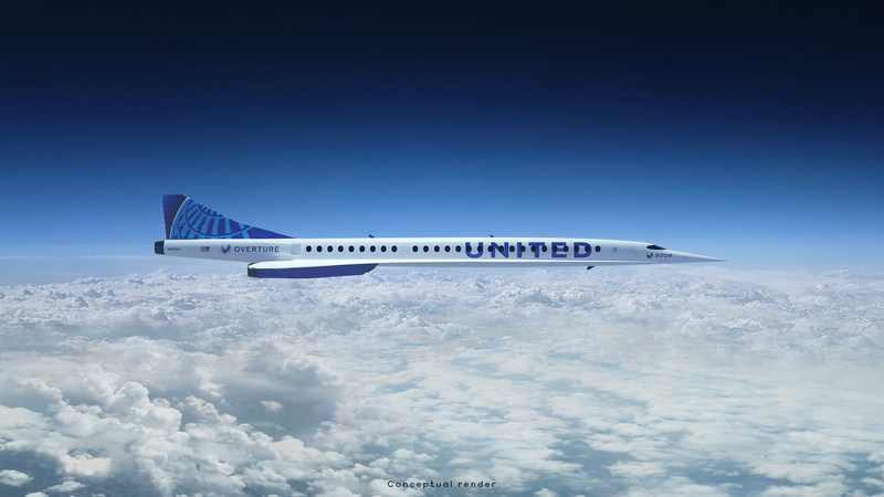 El avión de Boom Supersonic reducirá los tiempos de viaje a la mitad y operará con hasta un 100% de combustible de aviación sostenible. Imagen conceptual (render). © United Airlines ©BoomSupersonic