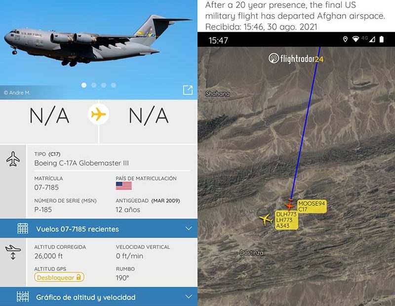 Últimos C-17 abandonando Afganistán ©FlightRadar24