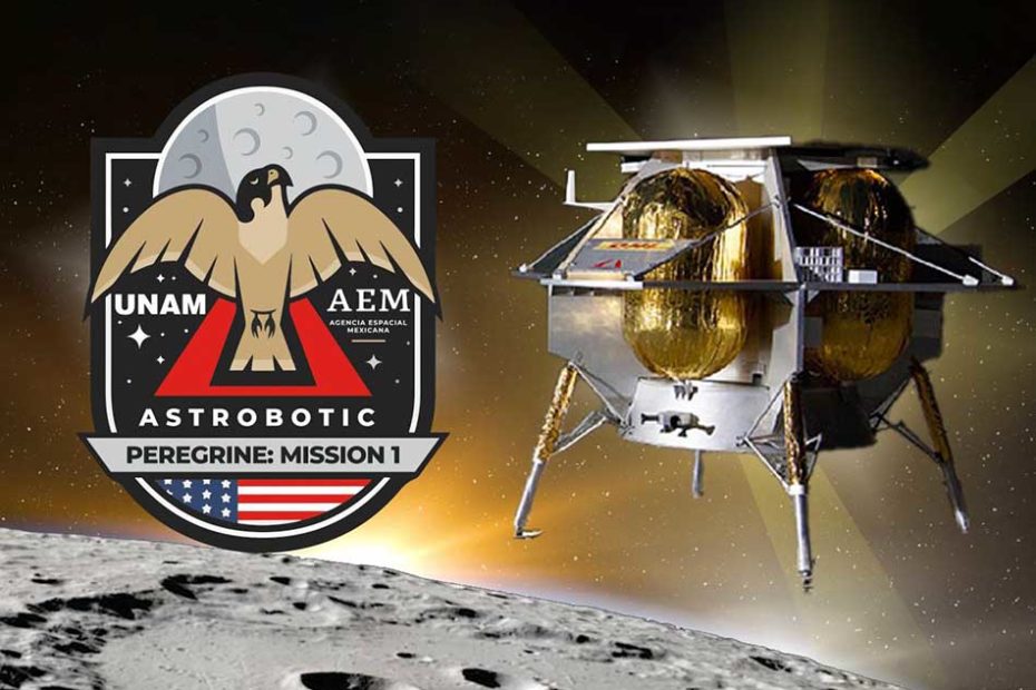 Escudo oficial de la misión lunar, y el vehículo espacial Peregrine Lunar Lander. Crédito de la imagen: Astrobotics Technology