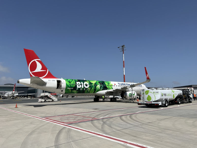 Aeronave de Turkish Airlines con temática de sostenibilidad, que utiliza biocombustible ecológico. © Turkish Airlines