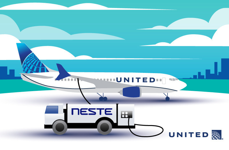 United ha firmado un nuevo acuerdo de compra internacional con Neste para el combustible de aviación sostenible (SAF). ©United