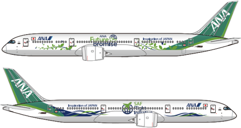 Dos Boeing 787 se pintarán especialmente con un diseño que simboliza "el agua y la vegetación" para transmitir el concepto de sostenibilidad, y se operarán en rutas nacionales e internacionales (un avión en cada ruta). ©ANA