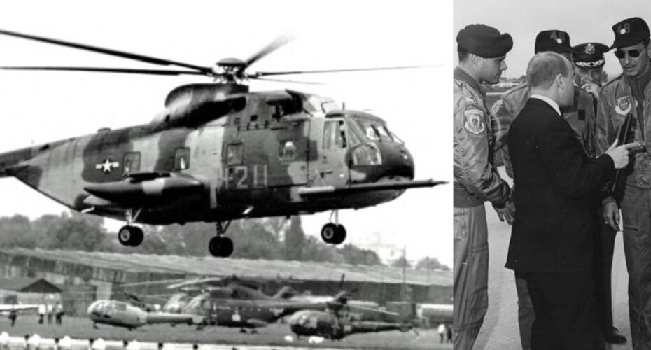 En 1967, dos helicópteros HH-3E realizaron el primer vuelo sin escalas a través del Océano Atlántico desde Nueva York hasta el 27º Salón Aeronáutico de París. Igor Sikorsky (derecha) y su hijo, Sergei, dan la bienvenida a la tripulación de las Fuerzas Aéreas estadounidenses. Imágenes por cortesía de los Archivos Sikorsky.
