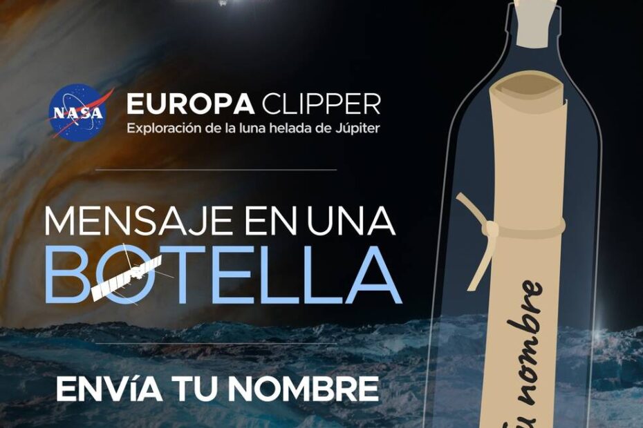 El nuevo sitio web en español de la campaña "Mensaje en una botella" ofrece al público hispanohablante la oportunidad de que sus nombres sean estampados en un microchip que viajará a bordo de la nave espacial Europa Clipper de la NASA hacia Júpiter y su luna Europa. Crédito: NASA