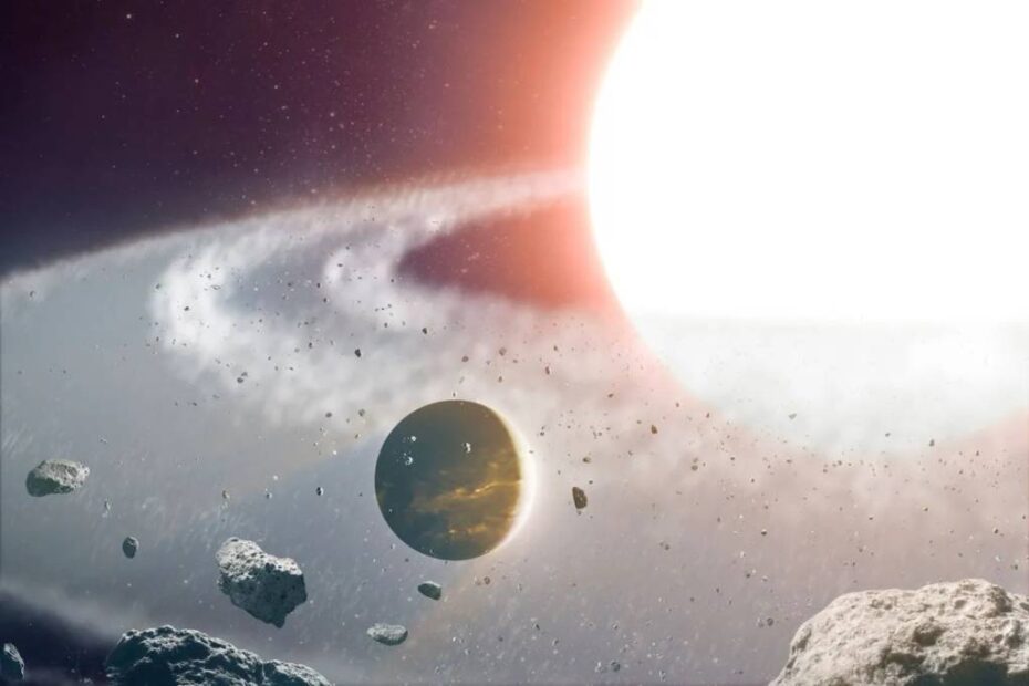 Representación artística del planeta 8 Ursae Minoris b -también conocido como "Halla"- en medio del campo de escombros tras una violenta fusión de dos estrellas. El planeta podría haber sobrevivido a la fusión, pero también podría ser un planeta completamente nuevo formado a partir de los escombros. W. Observatorio W. M. Keck/Adam Makarenko