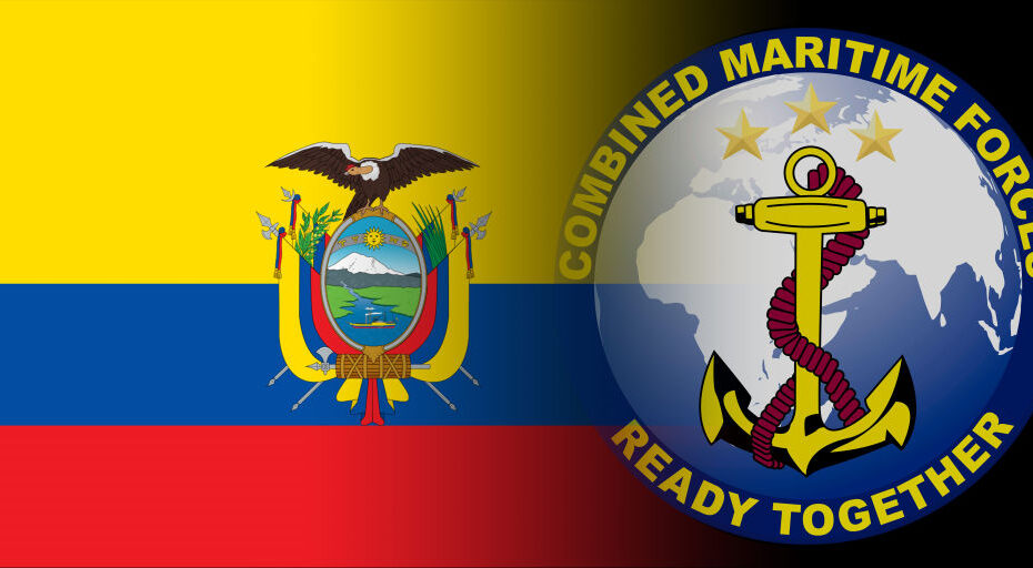 Ilustración gráfica de la bandera de Ecuador y el logotipo de las Fuerzas Marítimas Combinadas. La CMF (Combined Maritime Forces ) dio la bienvenida a Ecuador, el 11 de enero, como 40º miembro de la mayor asociación de seguridad marítima del mundo. Foto: U.S. Naval Forces Central Command Public Affairs