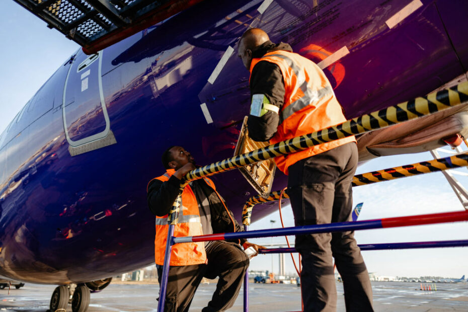 Tripulantes de Avelo Airlines en RDU instalando aletas ©Avelo Airlines