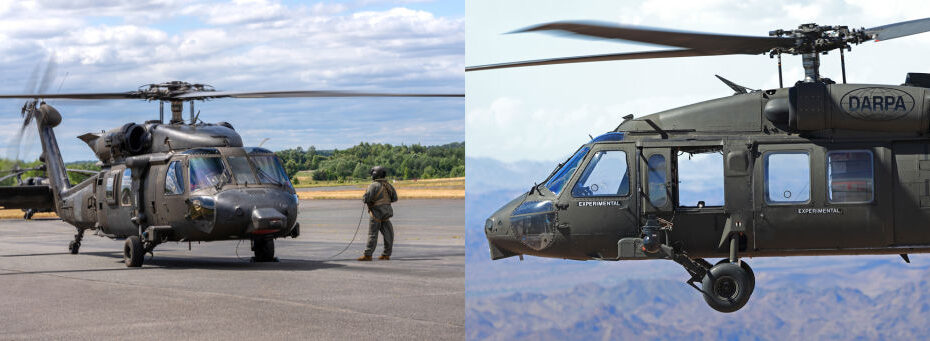 Izquierda: Aeronave Black Hawk MX de DEVCOM que se equipará con el sistema de autonomía MATRIX. Derecha: Aeronave Black Hawk Opcionalmente Pilotado de Sikorsky haciendo una demostración de reabastecimiento deshabitado en 2022. Fotos por cortesía de Sikorsky, una empresa de Lockheed Martin.