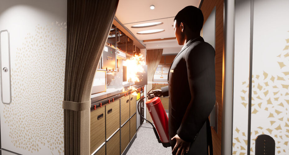 La formación en realidad virtual de Emirates para tripulantes de cabina incluye avatares en funciones de refuerzo y multitud de escenarios de incendios en hornos, armarios superiores y aseos. ©Emirates