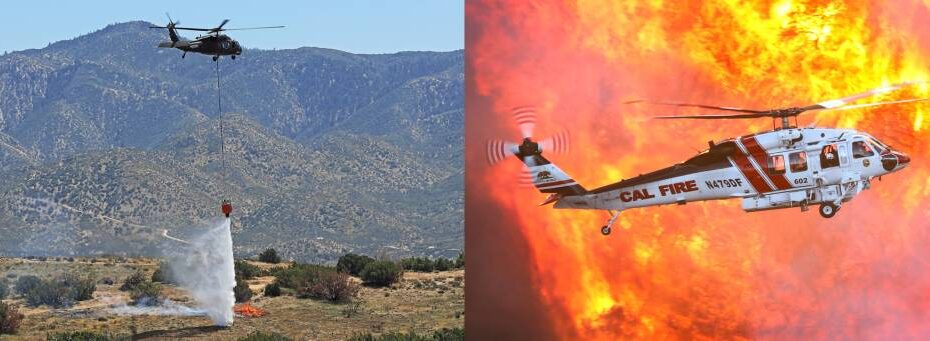 Un helicóptero Black Hawk® con autonomía MATRIX™ de Sikorsky arroja agua en una quema organizada en el sur de California, abril de 2025. Un helicóptero FIREHAWK® responde a los devastadores incendios forestales del área de Los Ángeles, enero de 2025. Fotografía cortesía de: Rain y Greg Doyle.