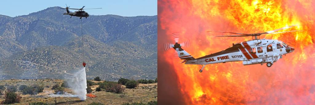 Un helicóptero Black Hawk® con autonomía MATRIX™ de Sikorsky arroja agua en una quema organizada en el sur de California, abril de 2025. Un helicóptero FIREHAWK® responde a los devastadores incendios forestales del área de Los Ángeles, enero de 2025. Fotografía cortesía de: Rain y Greg Doyle.