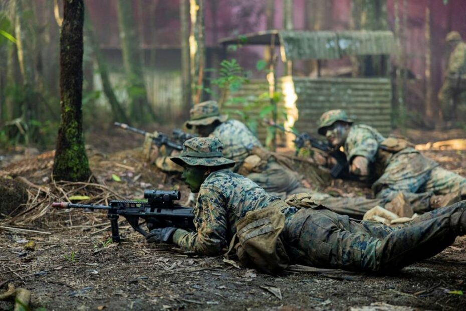 La Fuerza de Rotación Marina Darwin 25.3, 3.º Batallón, 11.º Regimiento de Marines, participa en el Centro de Entrenamiento de Combate en Tully, durante tácticas de guerra en la selva. ©Departamento de Defensa de Australia