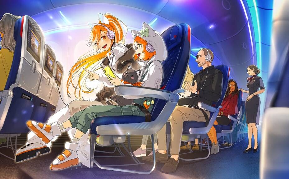 ¡Hime (a la izquierda), el personaje de anime original de Crunchyroll, ha emprendido oficialmente el vuelo! Se une a Delta para compartir su amor por el anime con un nuevo grupo de amigos de Delta. Descúbrela a ella y a su hermana, Sudachi, en tu próximo vuelo mientras viajas por los mundos del anime. Imagen: Delta Air Lines