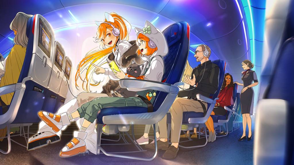 ¡Hime (a la izquierda), el personaje de anime original de Crunchyroll, ha emprendido oficialmente el vuelo! Se une a Delta para compartir su amor por el anime con un nuevo grupo de amigos de Delta. Descúbrela a ella y a su hermana, Sudachi, en tu próximo vuelo mientras viajas por los mundos del anime. Imagen: Delta Air Lines