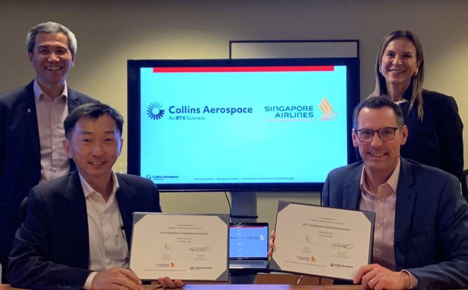 (De izquierda a derecha): El vicepresidente sénior de Ingeniería de Singapore Airlines, Lau Hwa Peng, y el vicepresidente de Abastecimiento Estratégico, Alvin Liew, anunciaron la ampliación del contrato de servicio FlightSense para los Boeing 777 de la aerolínea. En representación de Collins Aerospace estuvieron presentes el vicepresidente de Posventa de Power & Controls, Ryan Hudson, y la presidenta de Power & Controls, Irene Makris. ©RTX
