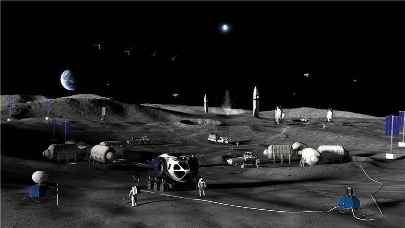 Representación artística de la fase 3 de la base lunar de la NASA. Crédito: NASA