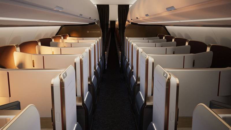 La suite Aurora de Air Canada para el A321XLR ofrece una experiencia de clase ejecutiva propia de un avión de fuselaje ancho en un avión de pasillo único, lo que permite realizar rutas más largas con mayor comodidad, mejores servicios y mayor privacidad para los pasajeros. Imagen: RTX