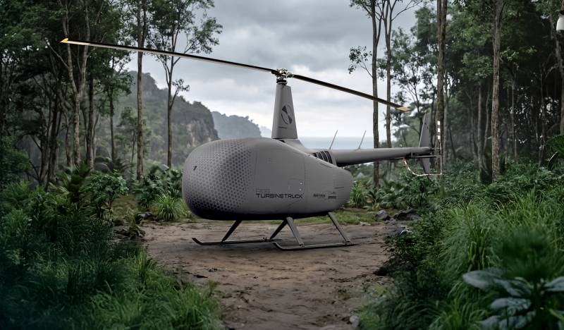 Representación artística del R66 TURBINETRUCK equipado con el probado sistema de autonomía MATRIX™ de Sikorsky. Crédito: Robinson Unmanned.