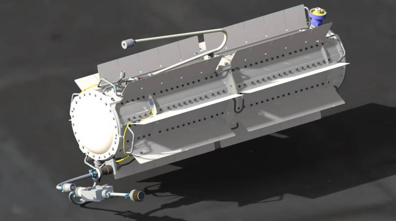 Representación artística del RTG Next Gen de L3Harris en configuración de vuelo, diseñado para proporcionar 250 vatios de energía fiable durante misiones de varias décadas en el espacio profundo. Imagen: L3Harris