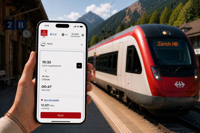 Esta imagen muestra una mano que sostiene un teléfono inteligente en el que se ve la página de reservaciones de Emirates Skywards Rail en una estación de tren de montaña, con un moderno tren rojo y blanco esperando en el andén al fondo. ©Emirates