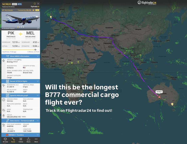 Seguimiento del vuelo en Flight Radar. Imagen: National Airlines 
