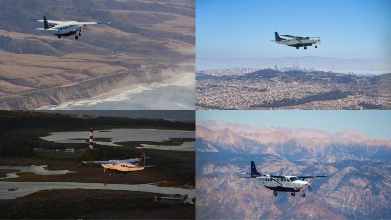 La aeronave autónoma J208 de Joby Aviation, captada en vuelo durante los momentos clave de su histórico viaje transcontinental de 3,199 millas a través de Estados Unidos. (En el sentido de las agujas del reloj desde la parte superior izquierda) Despegando de la costa del Pacífico cerca de Concord, California (KCCR); sobrevolando el horizonte del área de la Bahía de San Francisco; atravesando terrenos montañosos a gran altitud en el oeste de Estados Unidos; y realizando un vuelo rasante junto al faro de Bodie Island en los Outer Banks de Carolina del Norte, cerca de Kitty Hawk. (Foto: Joby Aviation)