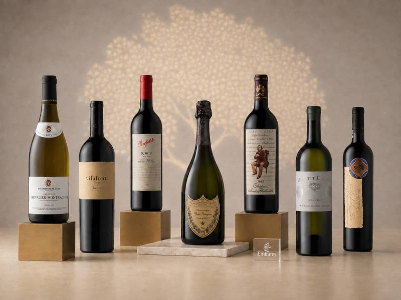 Esta imagen muestra cinco vinos excepcionales de la más reciente selección de primera clase de Emirates: Dom Pérignon Vintage 2017, Penfolds RWT Shiraz 2015, Seña 2016, Vilafonté Serie C 2016 y Chevalier-Montrachet Grand Cru 2015 de Bouchard Père & Fils. ©Emirates