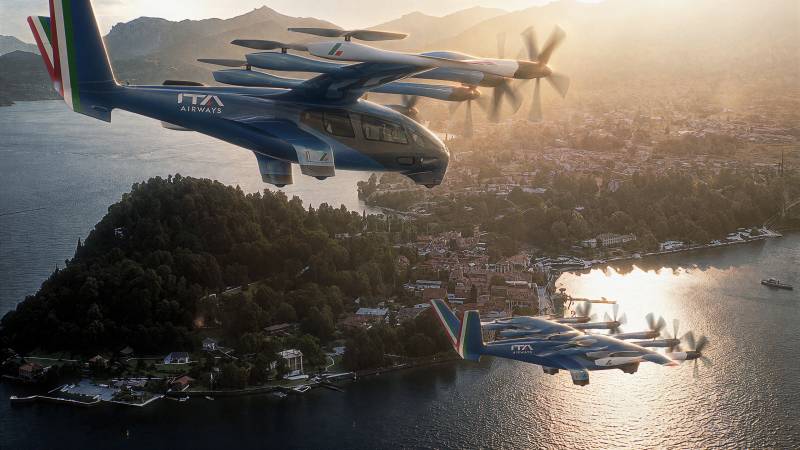 Una representación del taxi aéreo Midnight, totalmente eléctrico, de Archer, volando en Italia. Imagen: Archer